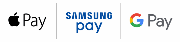 Apple Pay, Samsung Pay and Google Pay logos.